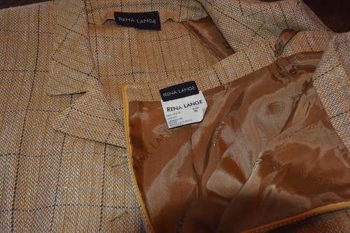 Rena Lange Silk Tweed Plaid Fitted Upscale Military Skirt Suit Florentine Gold-6 - Picture 7 of 8