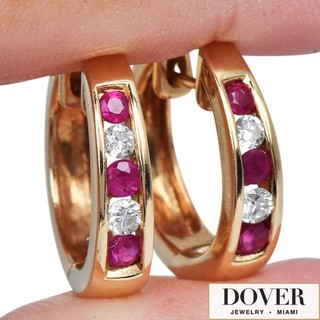 Estate Diamond Ruby 14K Yellow Gold Classic Huggie Hoop Earrings 4.9 Grams NR
