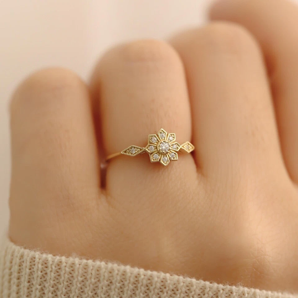 1/10Ct Round Cut CZ Floral Wedding Engagement Ring Yellow Gold Over 925 Sil - Image 4 of 4