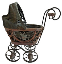Antique Wicker Baby Carriage Stroller Doll Buggy Display Prop Decoration Small