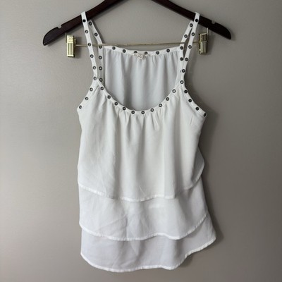 Y2K Tiered Gauzy Coquette Cami Tank Metal Eyelets Chiffon Size Medium Boho E & M