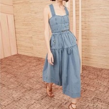 Ulla Johnson Enzo Denim Dress Blue Cotton Tiered Midi Sweetheart Neck Size 4