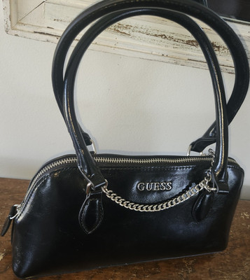GUESS Black Patent Satchel Bag   Chain Accent, Logo, Bag Charm, Brand Card