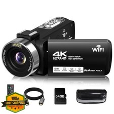 4K Camcorder 56MP 18X Zoom WiFi Vlogging Camera w/64GB Card