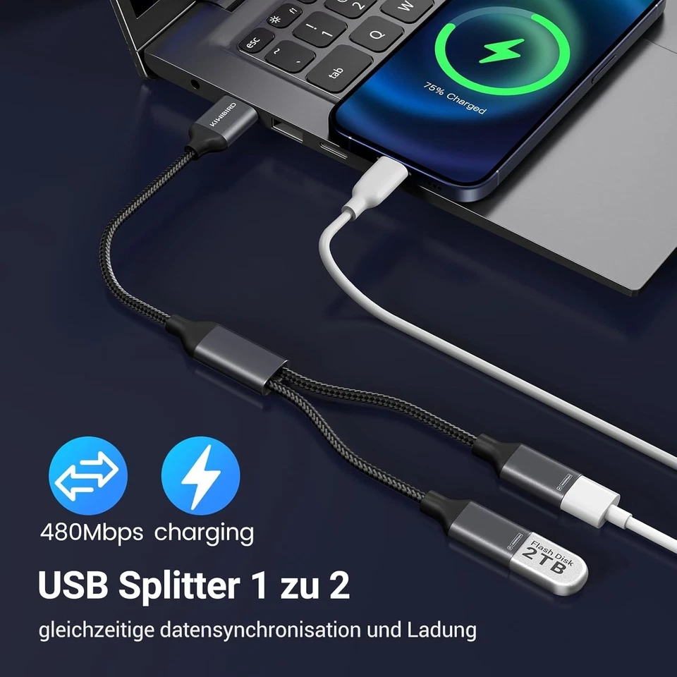 USB Splitter 1 zu 2, USB Doppelstecker Y Kabel Verteiler 1 auf 2 Adapter, Dual P - Bild 4 von 4