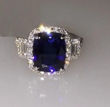 3.20Ct Cushion Cut Lab Created Sapphire Halo Women's Ring 14k White Gold Plated