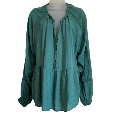 Knox Rose Teal Green Peasant Blouse XXL Boho Button Front Lace Sleeve Top