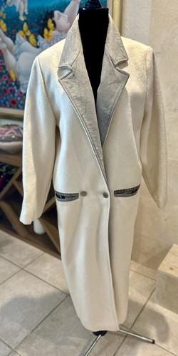 Cappotto vintage anni 90 bianco lana pelle colletto US M lunghezza caviglia vita lunga goccia - Foto 7 di 12