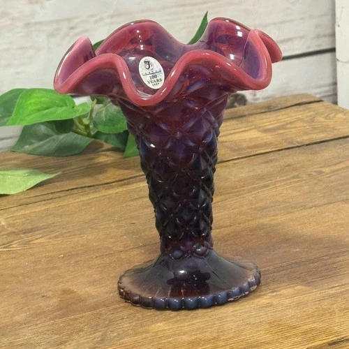Fenton Glass Plum Opalescent Trumpet Quilted Vase Signed Nancy Ruffle Rim 5.5”