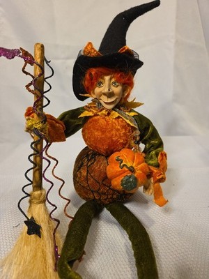 Mark Robert s Fall Halloween Pumpkin Witch Shelf Sitting Resin Face With Broom