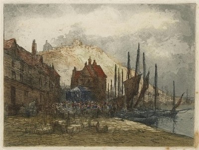 Claude Hamilton Rowbotham (1864-1949) signierte Radierung - Fischmarkt Boulogne Kai