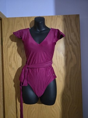 NWOT WOMENS COOLIBAR ONE PIECE SWIMSUIT FLUTTER SLEEVE SIZE XS BURGUNDY UPF 50+