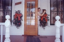 Blue Island IL 1950s Decorating the Front Porch for Christmas Pine Color Slide