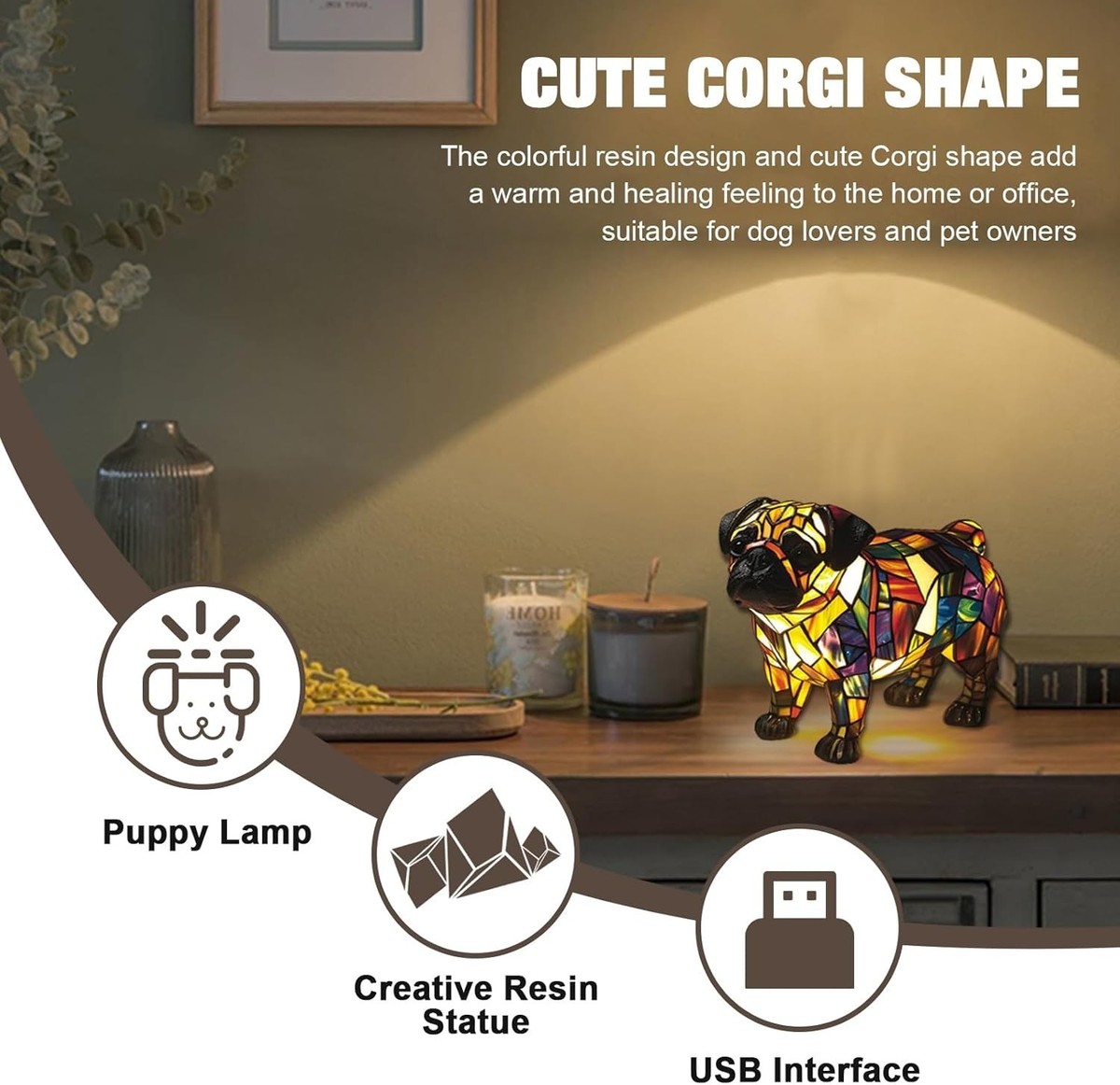 Animal Lamp Dog Series Art Night Light – Stained Resin LED Table Lamp, Warm Glow, Gift For Dog Lovers, Bedside Or Desk