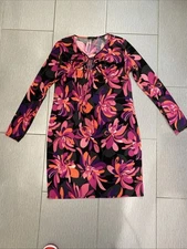 Trina Turk Pink Purple Floral Dress Tie Keyhole Long Sleeve womens M/L