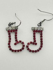 Christmas Stocking Dangle Earrings Silver Tone Red Clear Rhinestone