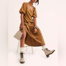 FREE PEOPLE JORDAN PUFF SHORT SLEEVE DROP RUFFLE HEM MIDIDRESS TOBACCOSz Small