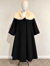 Vintage 1960s Black Textured Swing Coat Ivory Fur Collar 3/4 Sleeves