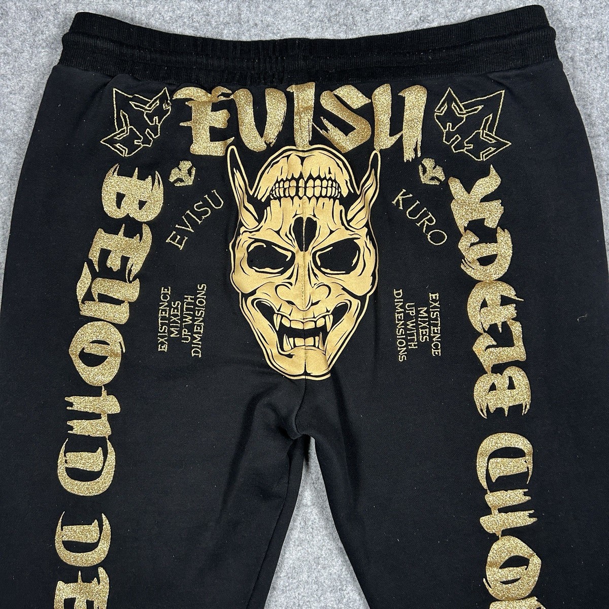 Evisu Kuro Sweatpants Men's Size XL Black y2k Gold Graphics Beyond