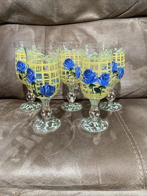 5 Vtg Tracy Porter Hand Painted Glass Wine Goblets With Blue Rose Pattern 7.75''