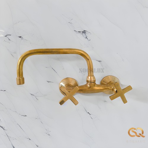 Unlacquered Brass Bathroom Sink Faucet, Solid Brass Wall Mounted Faucet - Picture 7 of 11
