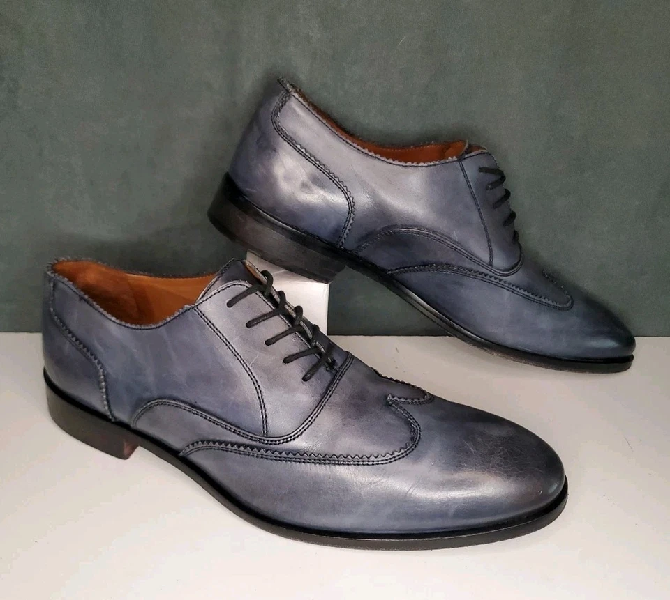 Massimo Matteo Blue Gray Wing Tip Oxford Dress Shoes Made in Italy US 10 M - Image 2 of 4