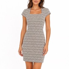 Grace Karin Tan Tweed Sheath Dress Square Neck Cap Sleeve NWT Large