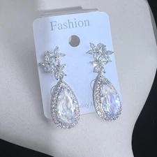 Leaf Shape Cubic Zirconia Amerian Crystal Earrings Silver Plated CZ Jewelry Gift