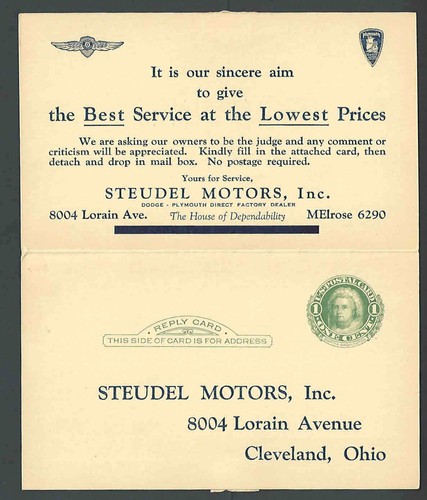 1934 PC CLEVELAND OH STEUDEL MOTORS INC SERVICES DODGE & PLYMOUTH AUTOS  - Foto 1 di 2