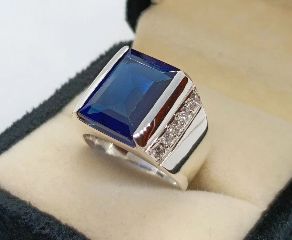 Anillo de topacio de plata esterlina 925 hecho a mano con topacio azul Londres de 12 quilates para hombre Foto 2 de 4