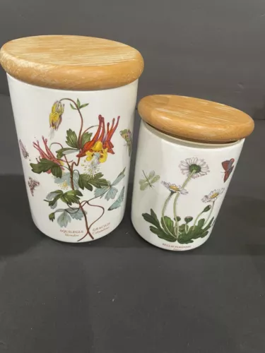 2 Portmeirion Botanic Garden Canisters Jars Wood Lids 1972 England Lg. &Med
