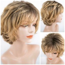 Short Curly Wave Full Wig With Fringe Bangs Ombre Blonde Brown Synthetic Wigs US