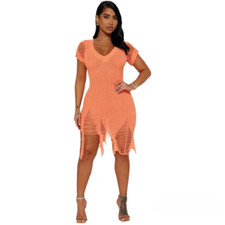 Fashion Nova Distressed Sweater Neon/Orange Mini Dress - Size Small