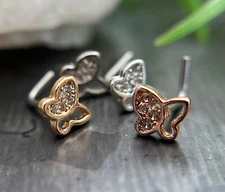 1pc CZ Paved Butterfly L-Bend 20g Nose Ring Stud Screw 316L Surgical Steel