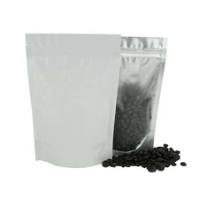 QQ Studio Bag for Coffee Grinds, White Stand Up Pouch with Valve for Beans