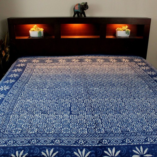 Cotton Hand Block Print Tablecloth Rectangle Tapestry Bedsheet Queen Indigo Blue - Picture 4 of 7