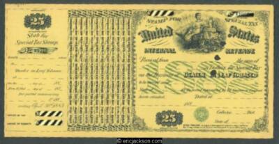 Dealer in Leaf Tobacco 1882 $25 black & blue (yellow) punched remainder, VF 