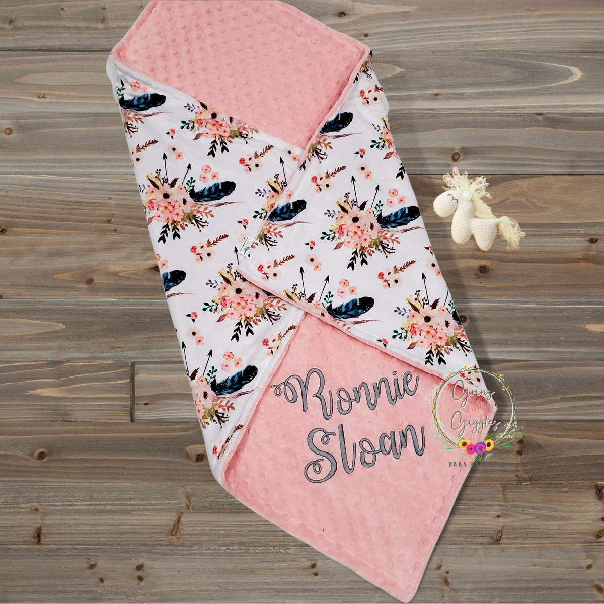 Minky Blanket,Boho Floral Arrow,Baby Girl,Feathers,Personalized