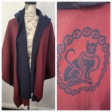 Maje Royal Cat Wool Hooded Reversible Poncho Coat Jacket One Size Burgundy Navy