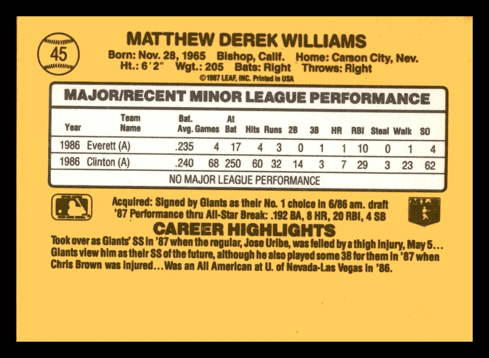 Matt Williams 1987 Donruss The Rookies #45 San Francisco Giants Mint - Image 2 of 2