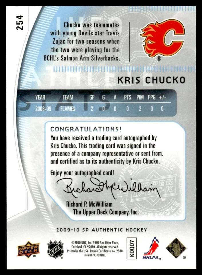 2009-10 SP Authentic Kris Chucko Rookie Auto 129/999 Calgary Flames #254 - Image 2 of 2