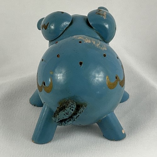 Vintage Pig Figurine 4" Wood Blue Gold Handmade Hand Painted MCM - Picture 4 of 6