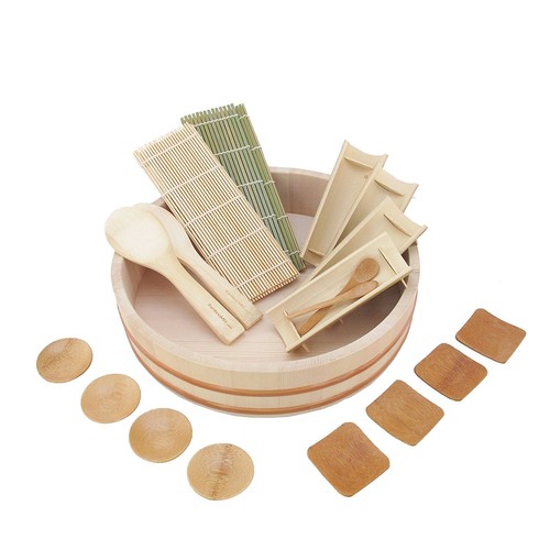 BambooMN Wooden Sushi Oke Rice Bowl Tub 19 Piece Bamboo Sushi Set - Picture 5 of 7