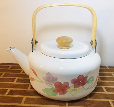 New Old Stock Vintage Flowers MCM White Enamel Wood Teapot Cup Tea  Kettle
