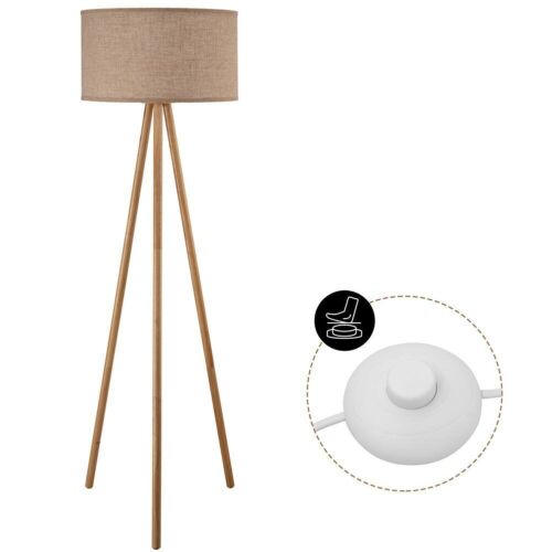 Lampada Piantana Terra Design Moderno in Legno Paralume Tessuto Luce E27 Beige - Foto 4 di 5