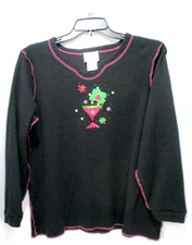 Quacker Factory Thermal Top Womens 1X Black LS Embellished New Years Holiday