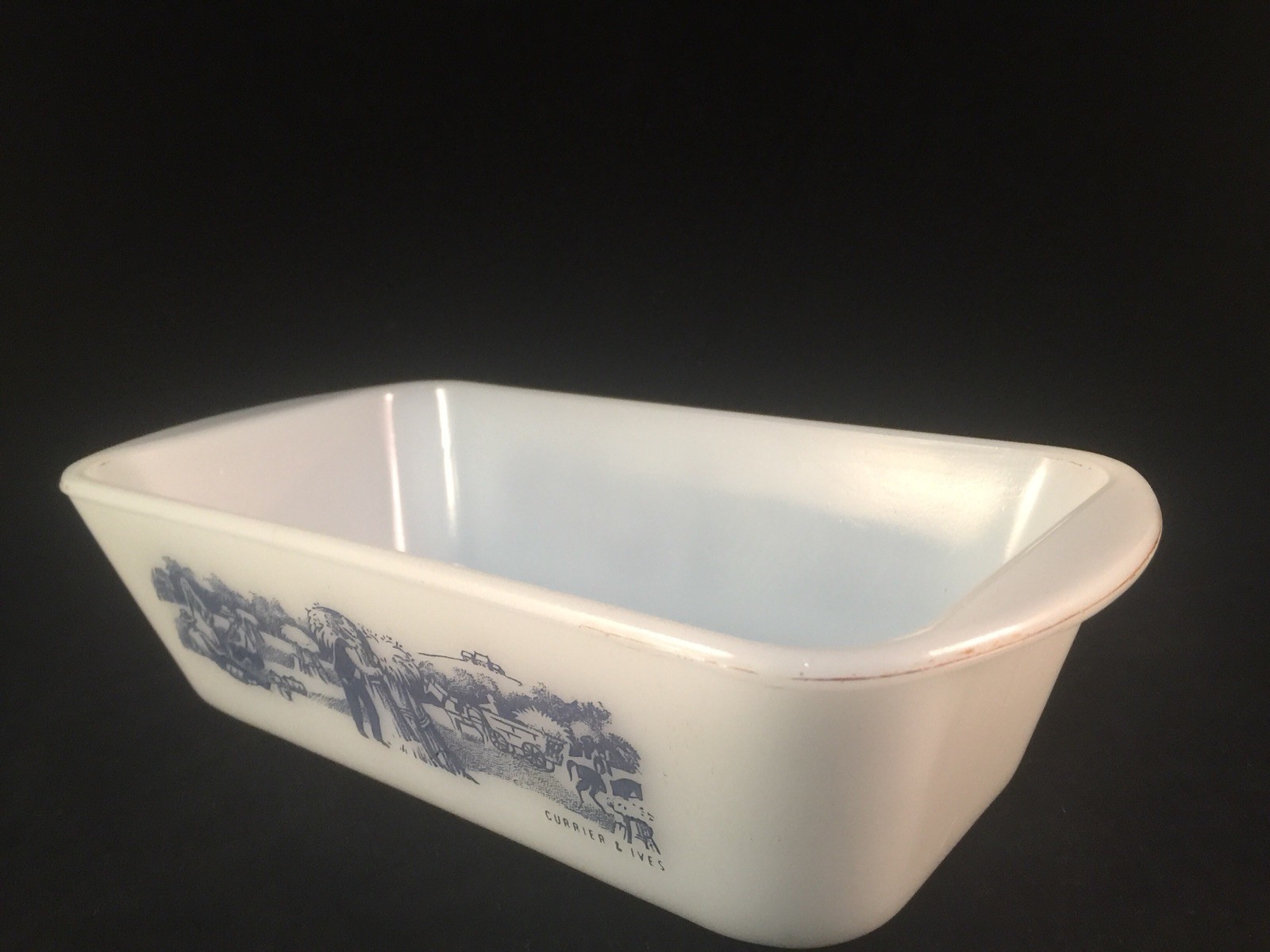 Currier And Ives Glasbake J522 Loaf Bake Pan Dish Ovenware White Blue Amish Farm