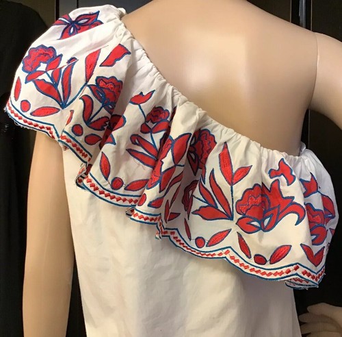 Parker White Cotton Dress Size S, Embroidery Ruffle One Sleeve Shift $298 NWT - Picture 3 of 9