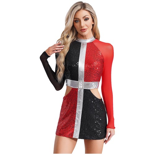 Women Sequins Swinging 60S Jazz Hippie Color Contrast Sparkly Mini Dress Costume - Picture 8 of 47