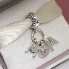 Authentic Mom Letters Pave CZ Dangle Bead 925 Sterling Silver European Charm